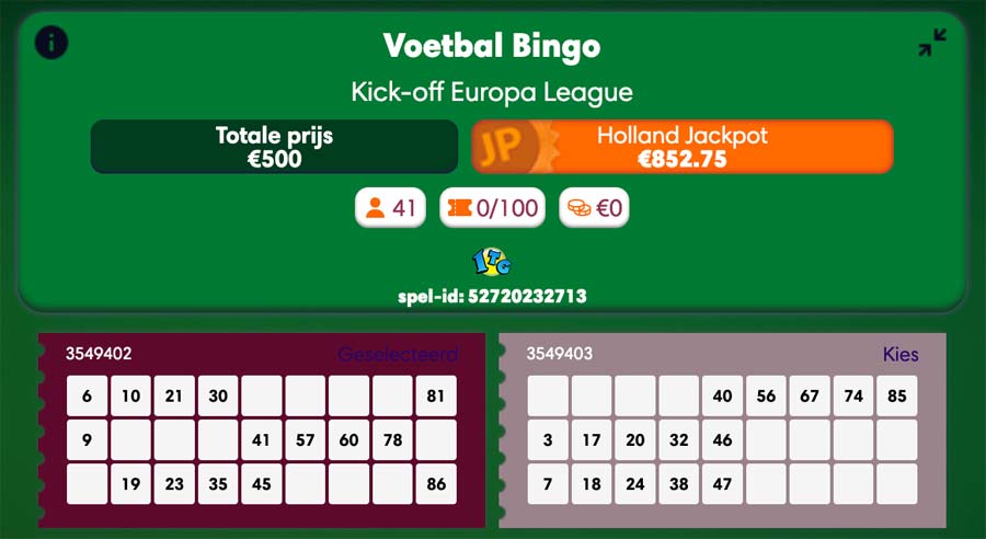 Screenshot voetbal bingo