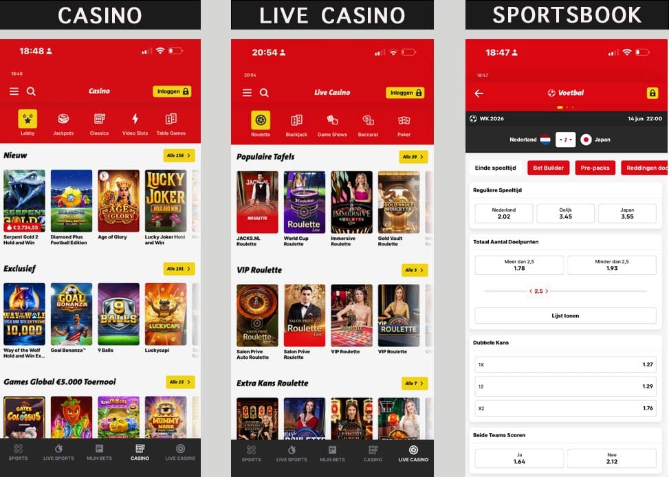 jacks-app-screenshots Jacks app op een iPhone met sportweddenschappen en casino