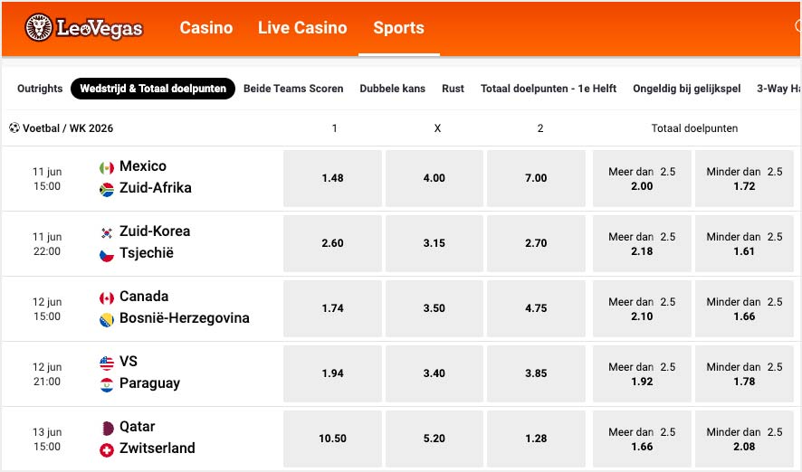 LeoVegas Sport sportsbook met voetbal odds en live wedden