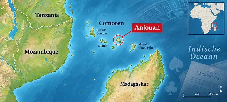 Kaart van Anjouan bij de Comoren, tussen Mozambique en Madagaskar, met een illustratie van een gokvergunning.